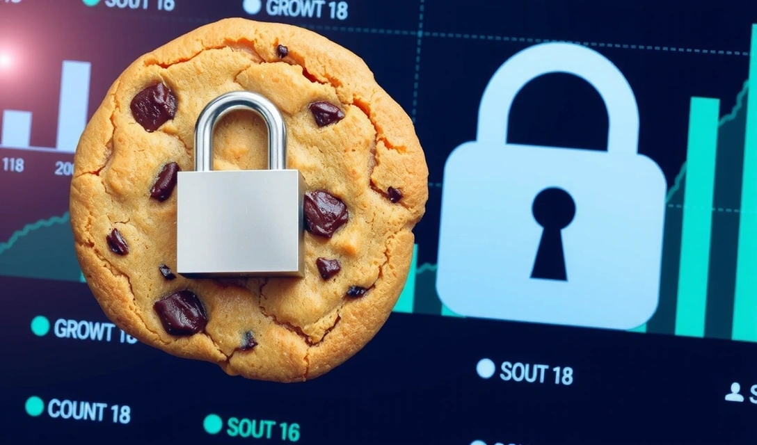 Ilustracja przedstawiająca odblokowane pliki cookie, symbolizowana przez otwartą kłódkę i ciasteczko na cyfrowym tle, z elementami wzrostu i optymalizacji.