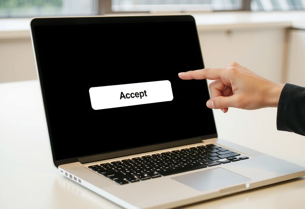 Ręka klikająca w przycisk 'Akceptuj' na ekranie laptopa, symbolizujący zarządzanie zgodą na pliki cookie.