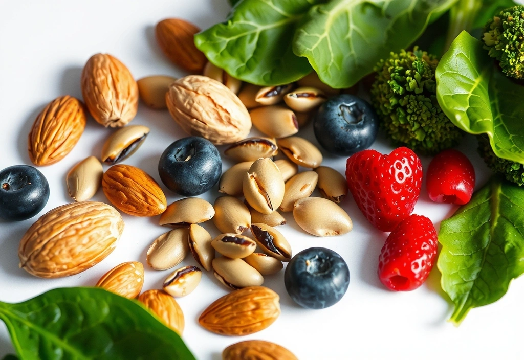 Różnorodne produkty spożywcze bogate w minerały, takie jak orzechy, nasiona i ciemne warzywa liściowe.