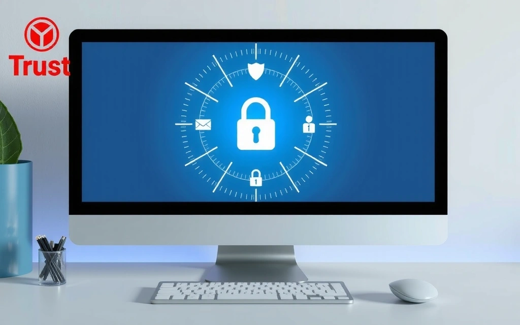 Ilustracja przedstawiająca komputer z ikonami bezpieczeństwa i prywatności